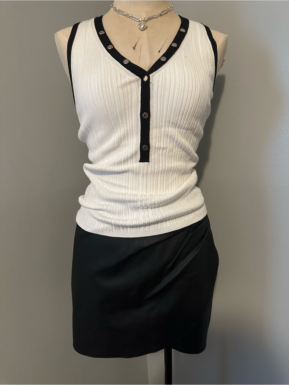 White House Black Market White Ribbed Tank with Black Contrast Trim